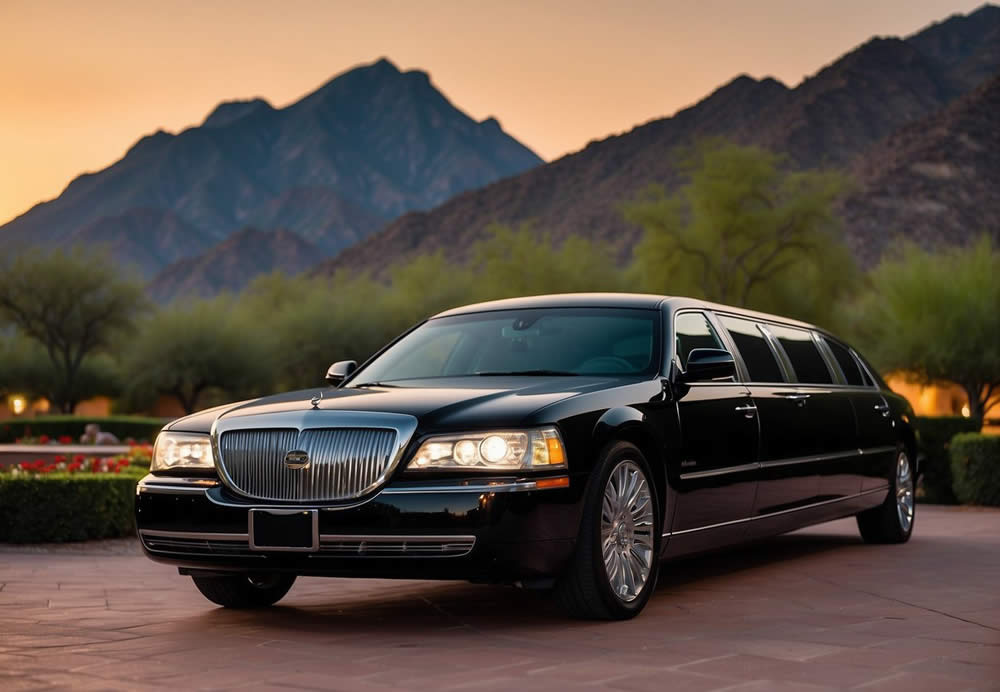 A sleek black limousine waits outside a luxurious wedding venue in Camelback, Arizona. The sun sets behind the mountains, casting a warm glow on the elegant vehicle