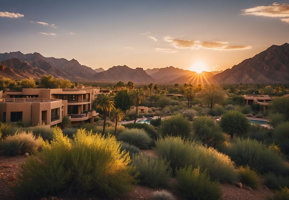 lush greenery surrounds luxurious resorts in Camelback, Arizona. Mountains loom in the background as the sun sets behind them, casting a warm glow over the tranquil scene