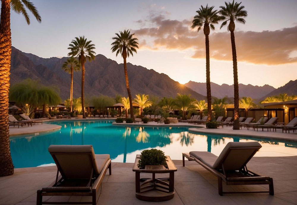 The sun sets behind the majestic mountains, casting a warm glow over the luxurious resorts nestled in Camelback, Arizona. Palm trees sway gently in the breeze as guests relax by the sparkling pool